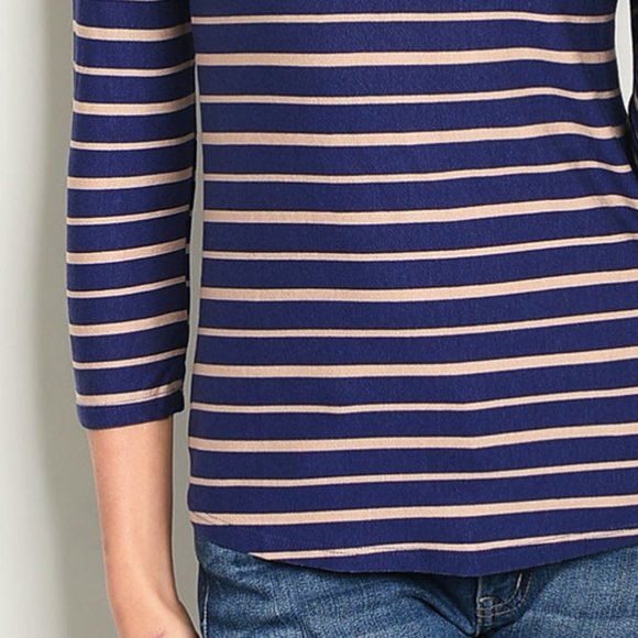 Navy Blue Tan Stripe Lace Ruffle Soft Stretch Top - Picture 6 of 7